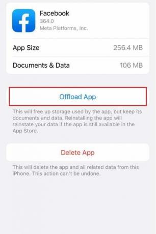 اضغط على Offload App في إعدادات Facebook iPhone