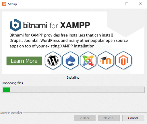 Espere a que finalice el proceso de instalación | Instalar y configurar XAMPP en Windows 10