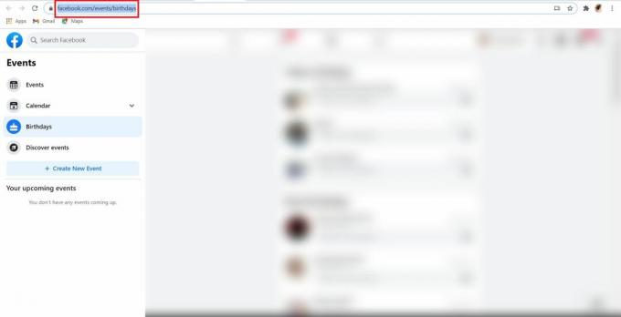 Sünnipäevade lehele navigeerimiseks tippige URL-i vahekaardile tekst facebook.comeventsbirthdays. 