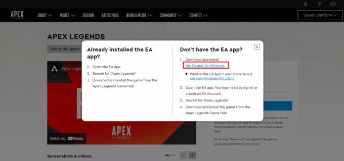 Fai clic sul link dell'app EA per Windows