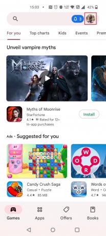 Atidarę „Play Store“ programą bakstelėkite savo profilį | Kaip pašalinti šeimos nuorodą be tėvų leidimo