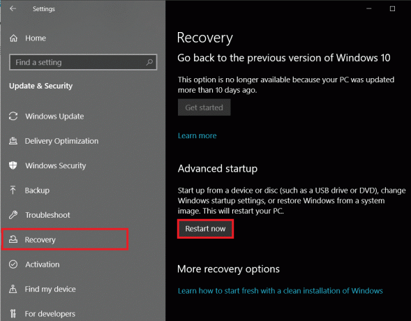 คลิกที่ปุ่มรีสตาร์ททันทีภายใต้ส่วนการเริ่มต้นขั้นสูง | แก้ไข Registry ที่เสียหายใน Windows 10