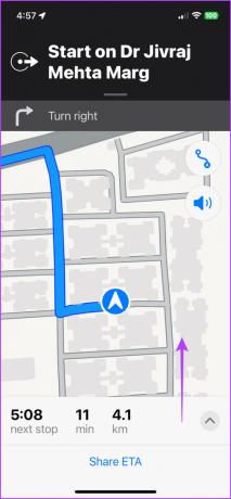 გადაფურცლეთ ზემოთ, რათა ნახოთ მარშრუტის ბარათი Apple Maps-ზე