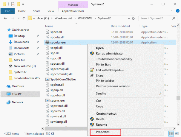 Kliknij prawym przyciskiem myszy spoolsv.exe w System32 i wybierz Właściwości