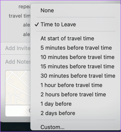 изберете календар за предупреждение за време на пътуване Mac