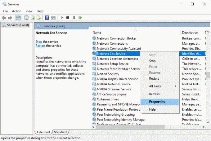 Högerklicka på Network List Service och välj Egenskaper | Fixa Windows 10 Update Error 0x80070422