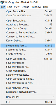 В панела на WinDBG щракнете върху Файл и след това изберете Symbol File Path