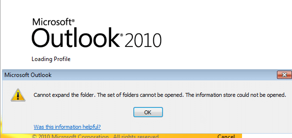 Fix Kan ikke åpne standard e-postmapper. Informasjonsbutikken kunne ikke åpnes