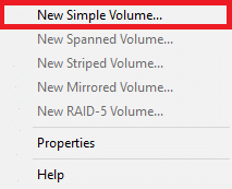 Desnom tipkom miša kliknite na nedodijeljeni prostor i kliknite na New Simple Volume