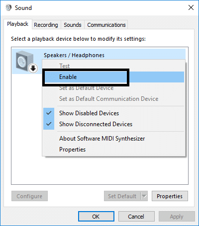 Basta fare clic con il pulsante destro del mouse sul dispositivo e selezionare Abilita