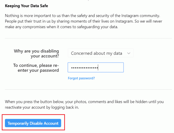 Ange lösenordet igen och klicka på knappen Inaktivera konto tillfälligt