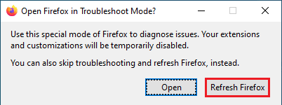 Napsauta Refresh Firefox -painiketta Open Firefox in Troubleshoot Mode -vahvistusikkunassa