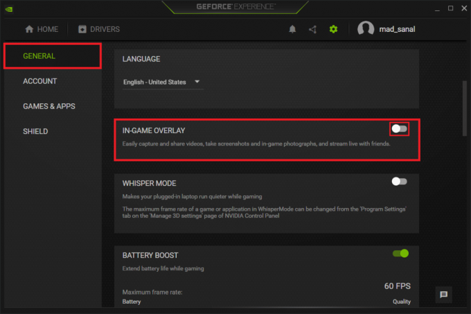 일반 메뉴로 이동하여 NVIDIA GeForce Experience 설정에서 IN GAME OVERLAY에 대한 토글을 끕니다.