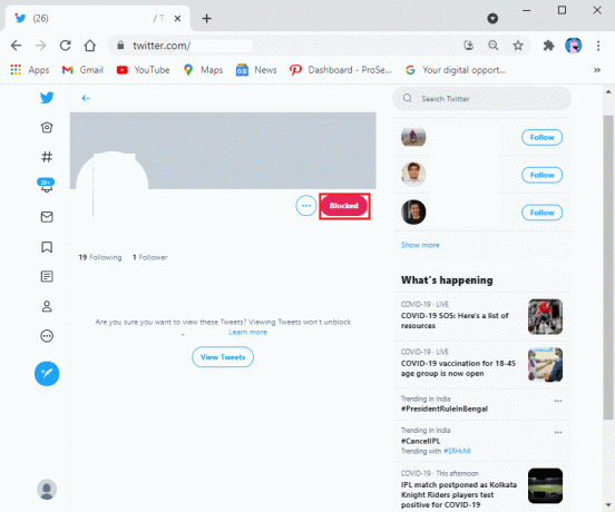 Klikněte na tlačítko Blokováno, které vidíte vedle názvu uživatelského profilu3 | Co znamená „Tento tweet není k dispozici“ na Twitteru?