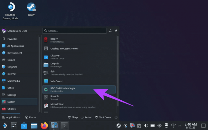 นำทางไปยังตัวเรียกใช้งานแอปพลิเคชัน KDE Partition Manager