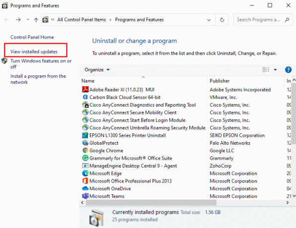 Acum, faceți clic pe Vedeți actualizările instalate în panoul din stânga. Remediați excepția necontrolată a apărut în aplicația dvs. pe Windows 10