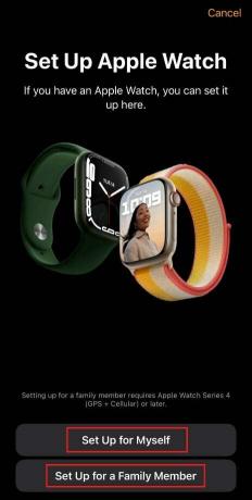 Stuknij Skonfiguruj dla siebie, jeśli musisz ustawić zegarek Apple Watch dla siebie i Stuknij Skonfiguruj dla członka rodziny, jeśli chcesz ustawić zegarek Apple Watch dla członka rodziny, który nie ma iPhone'a. 