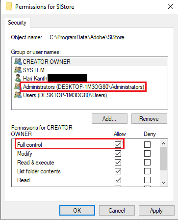 Изберете администраторския акаунт и отметнете опцията Пълен контрол в секцията Разрешаване. Коригирайте грешка 16 на Adobe After Effects в Windows 10