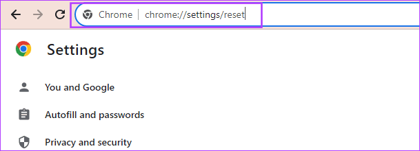 Åpne Chrome tilbakestillingssiden
