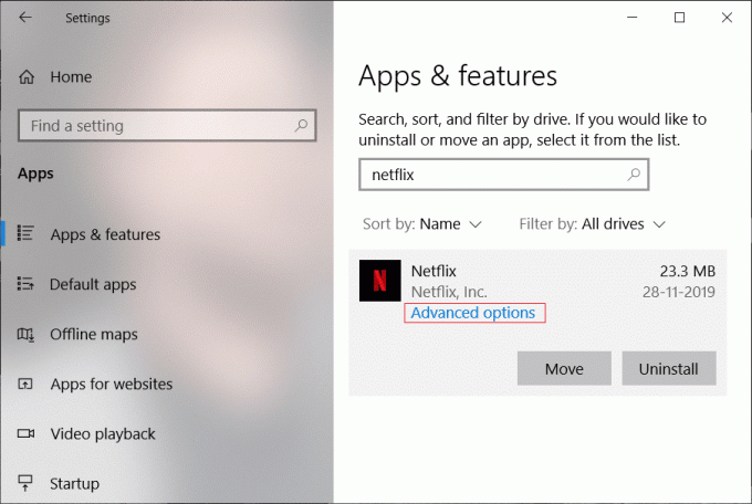 Изаберите Нетфлик апликацију, а затим кликните на везу Напредне опције
