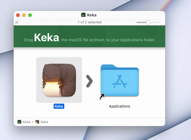 trascina l'icona di Keka sull'icona della cartella dell'applicazione