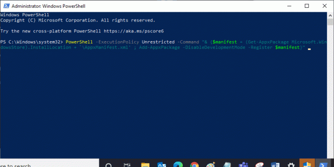 Įveskite PowerShell ExecutionPolicy Unrestricted Command manifestą GetAppxPackage Microsoft. „Windows Store“. InstallLocationAppxManifest.xml Pridėti AppxPackage DisableDevelopmentMode Užregistruokite aprašą 
