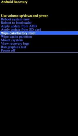 Pantalla de recuperación de Android con Wipe datafactory reset