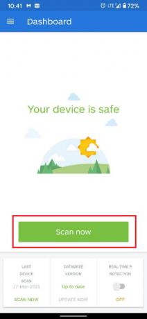 När appen är öppen trycker du på " Skanna nu" för att hitta skadlig programvara på din enhet. | Hur man tar bort ett virus från en Android-telefon