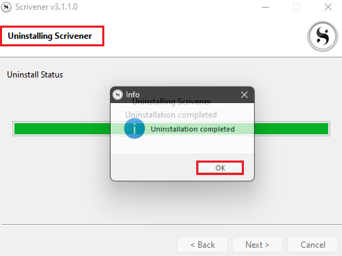 Afinstallation af Scrivener fuldført