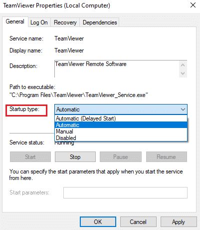 Jei paslaugos būsena yra Vykdoma, kurį laiką sustabdykite ir paleiskite iš naujo. Pataisykite „Teamviewer“ neprisijungimą sistemoje „Windows 10“.