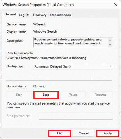 დააწკაპუნეთ Stop ღილაკზე სამსახურის სტატუსის ქვეშ Windows Search Properties Win11-ში