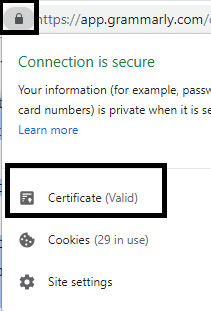 Kliknite na ikonu Lock na adresnoj traci domene i kliknite na Certifikat