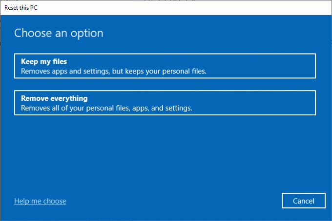 Vælg nu en mulighed i vinduet Nulstil denne pc. Ret Windows Update Download 0x800f0984 2H1-fejl