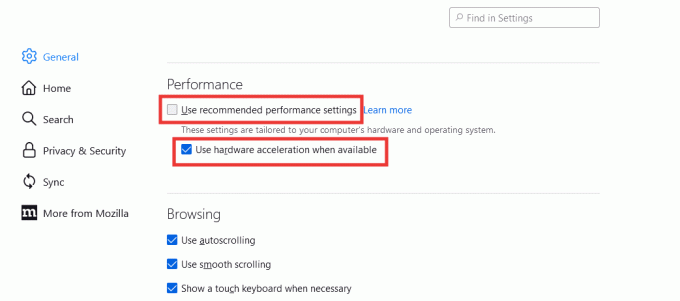 권장 성능 설정 사용 옵션을 선택 취소하고 가능한 경우 하드웨어 가속을 사용합니다. Mozilla Firefox 문제 로드 페이지를 수정하는 방법