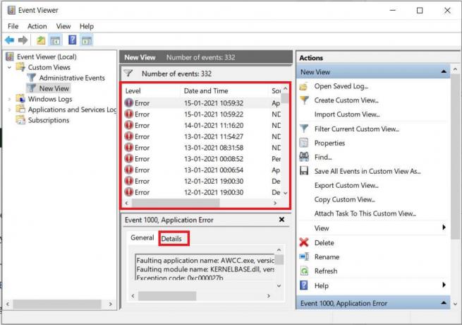 ახლა თქვენ შეგიძლიათ იხილოთ შეცდომის მოვლენები ჩამოთვლილი Event Viewer-ში.