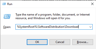 ファイル名を指定して実行プロンプトで、SystemRoot SoftwareDistribution Download と入力します。