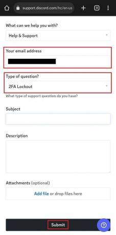 Anna sähköpostiosoitteesi, valitse kysymyksen tyypiksi 2FA Lockout ja kun kaikki muut tiedot on täytetty, napauta Lähetä. 
