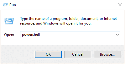 Atidarykite padidintą „Windows PowerShell“ iš Vykdymo lango
