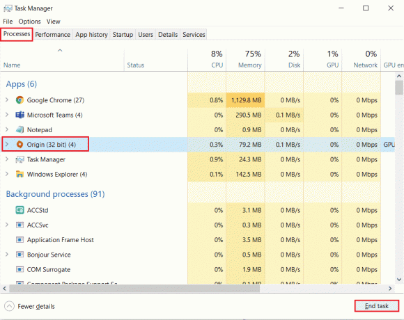 selezionare il processo di origine e fare clic su Termina attività nel Task Manager. Correggi l'errore di origine 65546: 0 in Windows 10