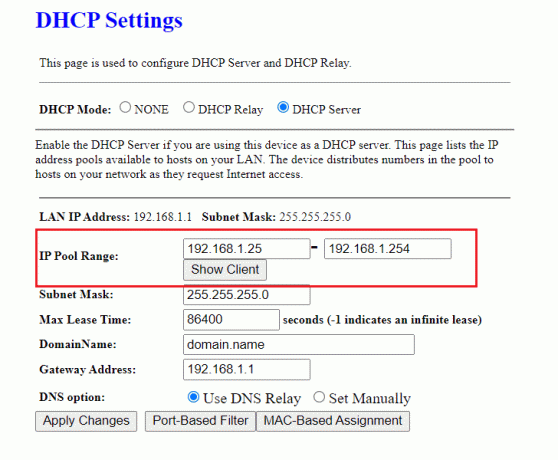 Yönlendirici web sayfasında, Ağ Adresinin DHCP aralığını artırın