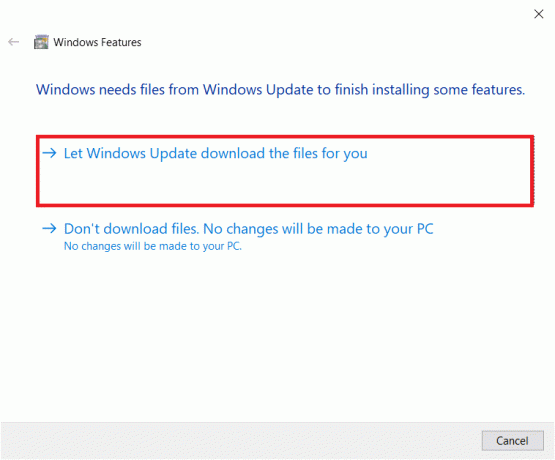 คลิกที่ ให้ Windows Update ดาวน์โหลดไฟล์สำหรับคุณ แก้ไขข้อยกเว้นที่ไม่สามารถจัดการได้เกิดขึ้นในแอปพลิเคชันของคุณบน Windows 10