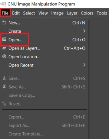 Отворите своју ГИМП апликацију и изаберите опцију Отвори из менија Датотека. Како заменити боју ГИМП-а