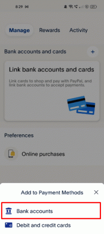Tippen Sie im Dropdown-Menü auf die Option Bankkonten, um ein neues Bankkonto zu verknüpfen. | So löschen Sie den PayPal-Verlauf