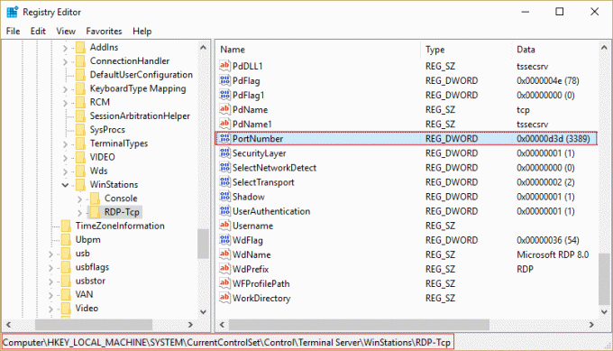 Accesați RDP tcp, apoi selectați Port Number pentru a schimba portul de ascultare pentru Remote Desktop