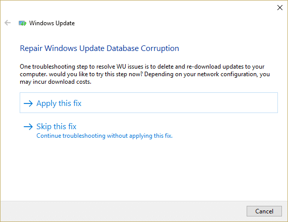 თუ პრობლემა აღმოჩენილია Windows Update-თან დაკავშირებით, დააჭირეთ ღილაკს Apply this fix