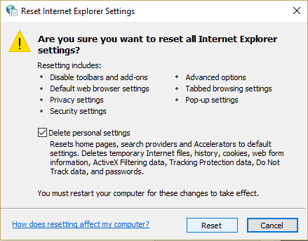 Nella finestra Ripristina impostazioni di Internet Explorer selezionare l'opzione Elimina impostazioni personali