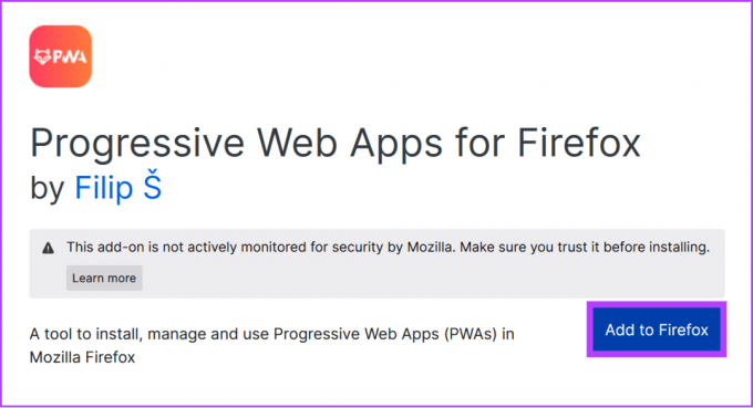 Välj Lägg till i Firefox för att lägga till PWA-tillägget för Firefox 1