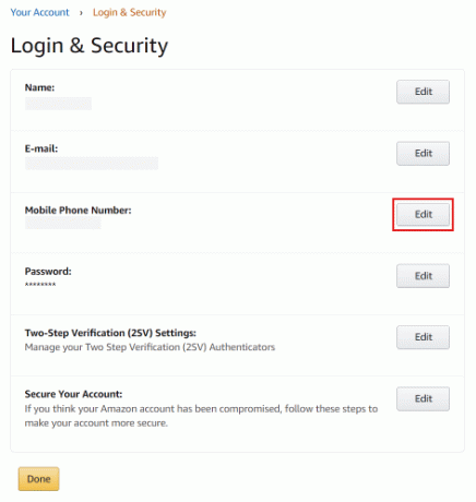 Spustelėkite mygtuką Redaguoti šalia Mobiliojo telefono numeris | prisijunkite prie „Amazon“, jei pakeisite savo telefono numerį | apeiti Amazon OTP patvirtinimą