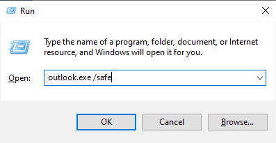 kirjoita Outlook exe safe avataksesi Outlookin vikasietotilassa