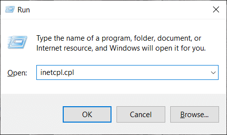 Stlačte kláves Windows + R, zadajte inetcpl.cpl a kliknite na tlačidlo OK | Oprava Nedá sa bezpečne pripojiť k tejto stránke Chyba v Microsoft Edge